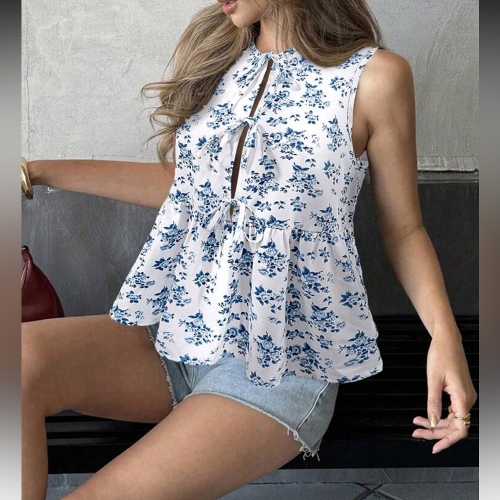 Floral Print Versatile Round Neck Drawstring Ruffle Trim Top Blouse Shirt